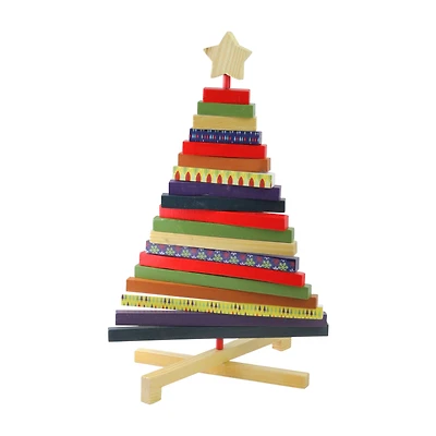 15.5" Beige & Red Adjustable Wooden Christmas Tree Tabletop Décor