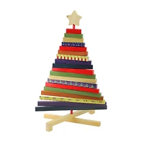 15.5" Beige & Red Adjustable Wooden Christmas Tree Tabletop Décor
