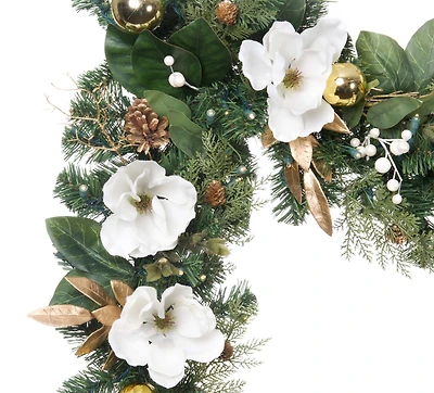 9ft. Pre-Lit Artificial White & Gold Magnolia Christmas Garland White Gold Magnolia