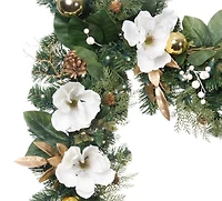 9ft. Pre-Lit Artificial White & Gold Magnolia Christmas Garland White Gold Magnolia