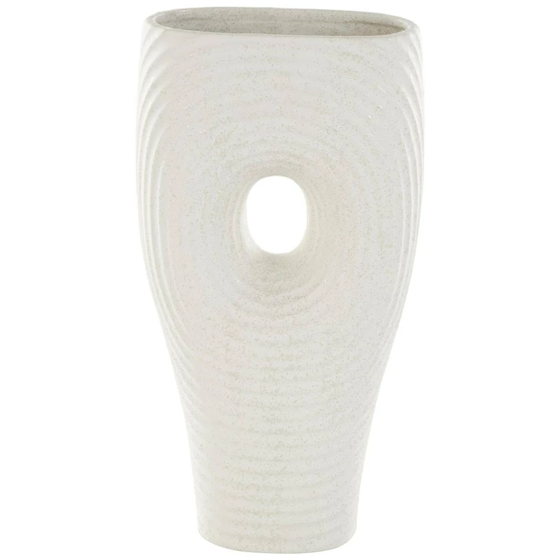 16" White Speckled Ceramic Ribbed Cutout Vase