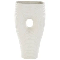 16" White Speckled Ceramic Ribbed Cutout Vase