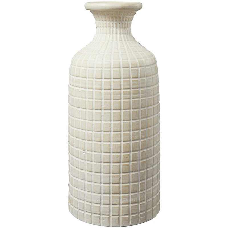 Cream Ceramic Textured Geometric Vase with Checkered Pattern
