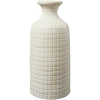 Cream Ceramic Textured Geometric Vase with Checkered Pattern