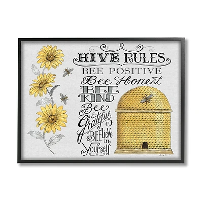Stupell Industries Hive Rules Motivational Phrases Bee Puns Vintage Beehive Framed Wall Art
