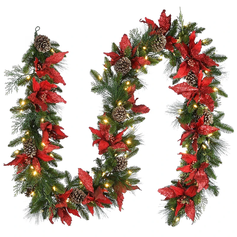 9ft. Pre-Lit Poinsettia & Pinecone Garland