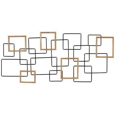 Black Metal Geometric Overlapping Wire Square Wall Décor with Gold Accents