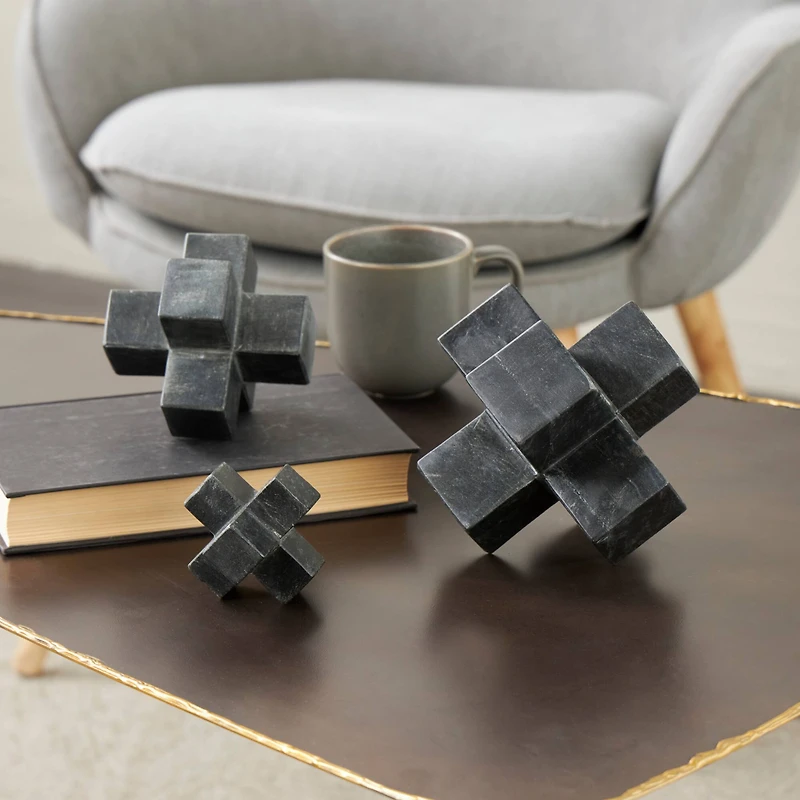 Black Geometric Jacks Marble Sculpture Set