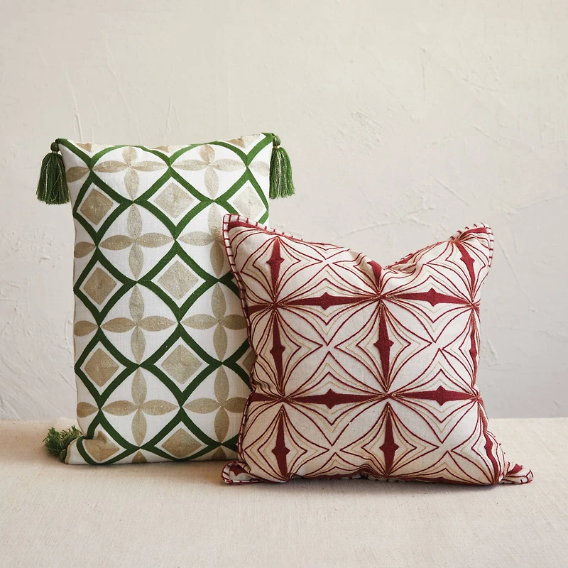 Hello Honey® 22" Natural & Green Cotton Embroidered Lumbar Pillow