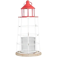 15" Red Metal Distressed Decorative Light House Candle Lantern
