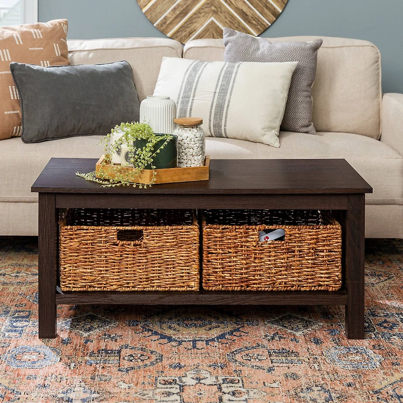 Walker Edison 40" Espresso Mission Storage Coffee Table with Baskets