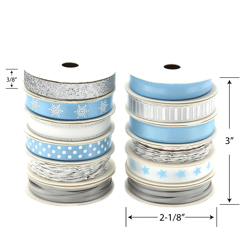 Gwen Studios 3/8" x 2yd. Silver & Blue Holiday Ribbon Pack, 24ct.