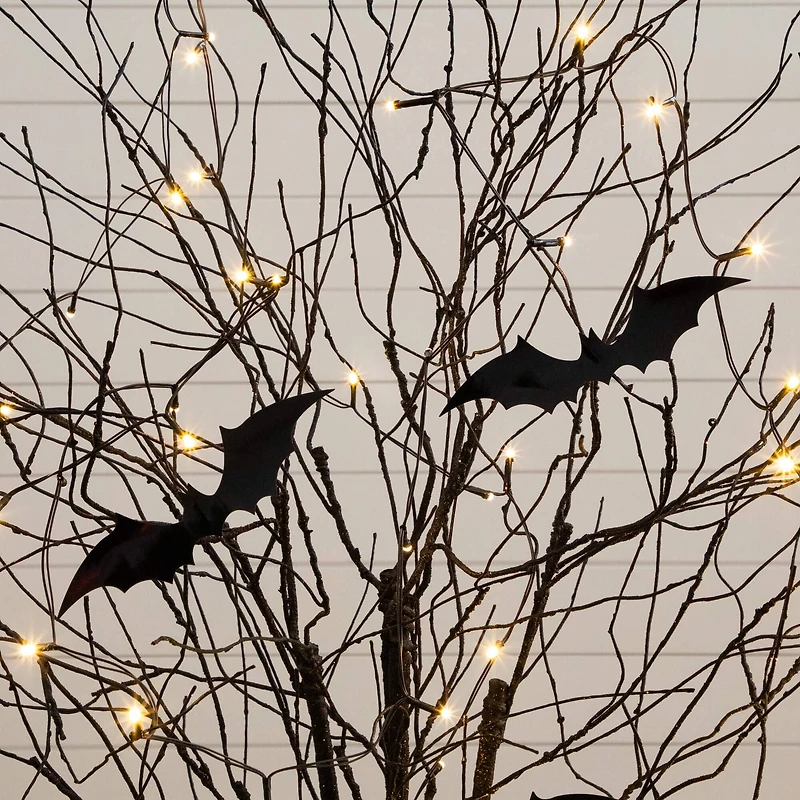 5ft. Pre-Lit Artificial Halloween Black Twig Tree with Bats and 50 Warm White LED Lights