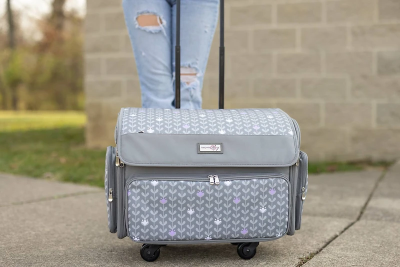 Everything Mary Purple Floral 4 Wheel Collapsible Deluxe Sewing Machine Storage Case