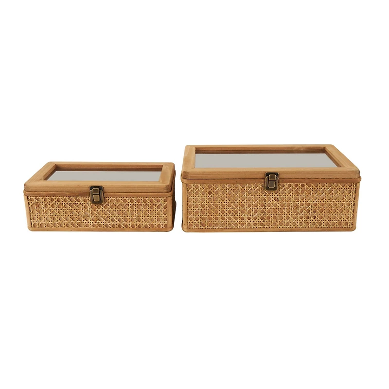 Brown Woven Rattan Box with Glass Top Set