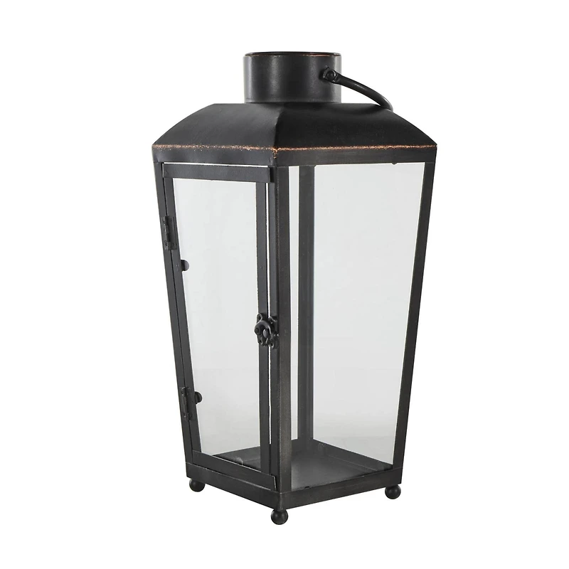 16" Black Metal Modern Candle Lantern with Gold Accents