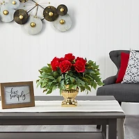 14" Red Rose Floral Arrangement in Gold Urn 
