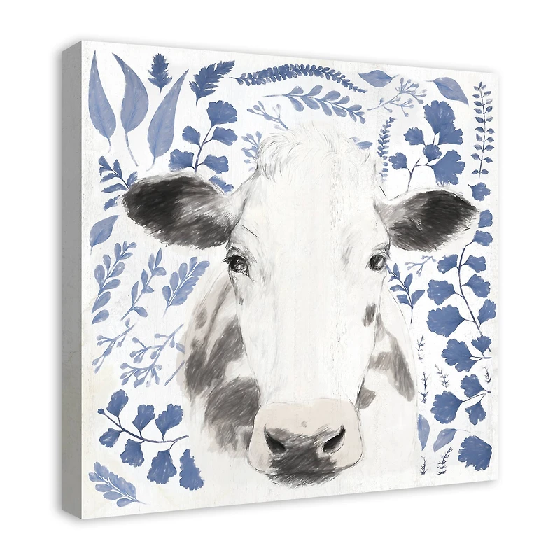 Navy Botanical Cow 24" x 24" Canvas Wall Art