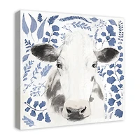 Navy Botanical Cow 24" x 24" Canvas Wall Art