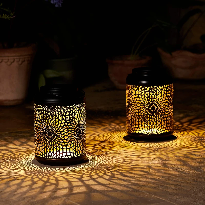 Glitzhome® 8.75" Metal Cutout Solar Powered Hanging Lantern Set