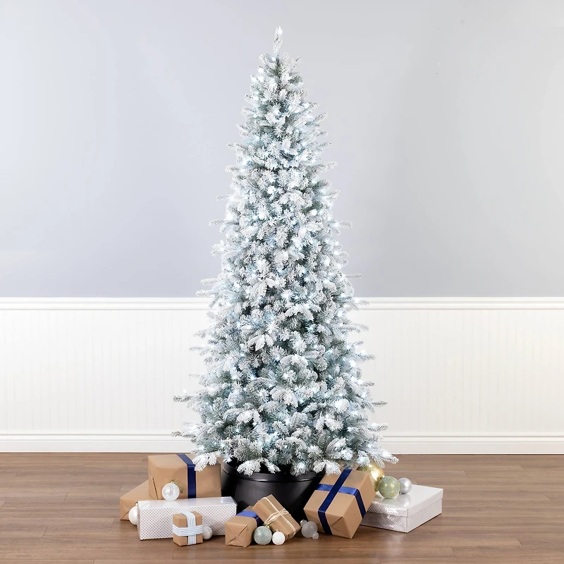 7.5ft. Pre-Lit Snowy Comet Slim Blue Artificial Christmas Tree, Cool White LED Lights