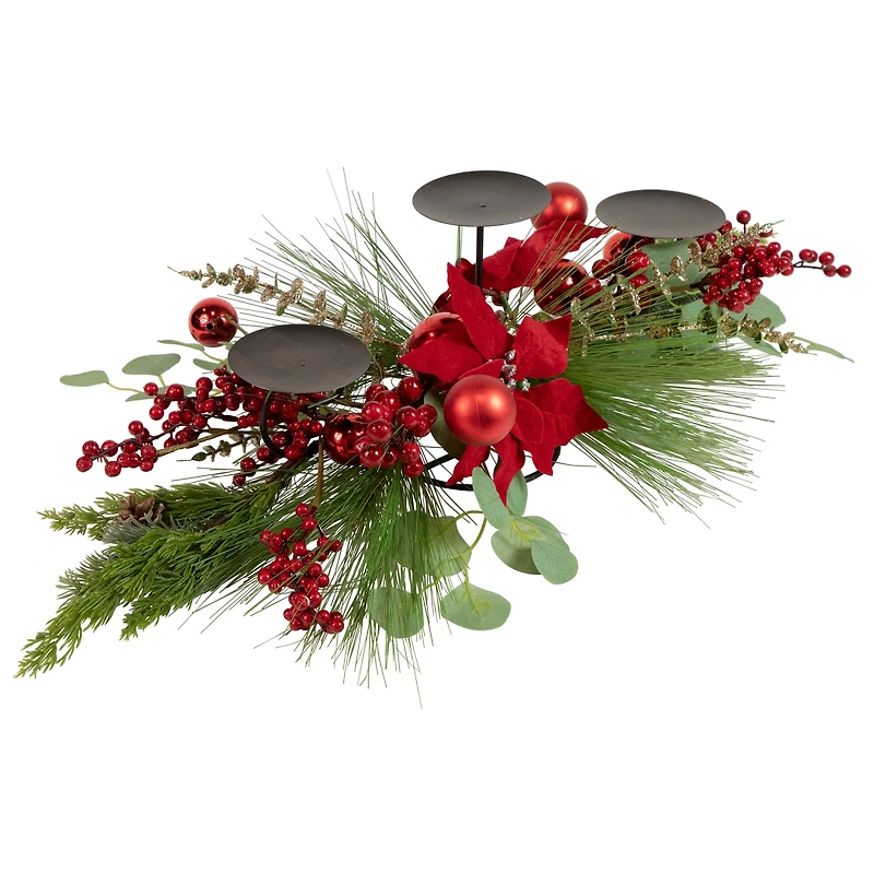 32" Triple Candle Holder With Red Berry & Poinsettia Christmas Décor