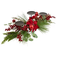 32" Triple Candle Holder With Red Berry & Poinsettia Christmas Décor