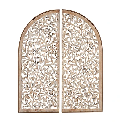 Brown Handmade Floral Carved Arched Wall Décor, 2ct.