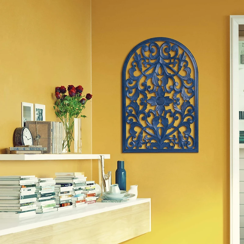 American Art Décor™ 36" Hand-Carved Arched Navy Blue Wood Wall Accent Medallion