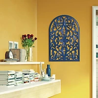 American Art Décor™ 36" Hand-Carved Arched Navy Blue Wood Wall Accent Medallion