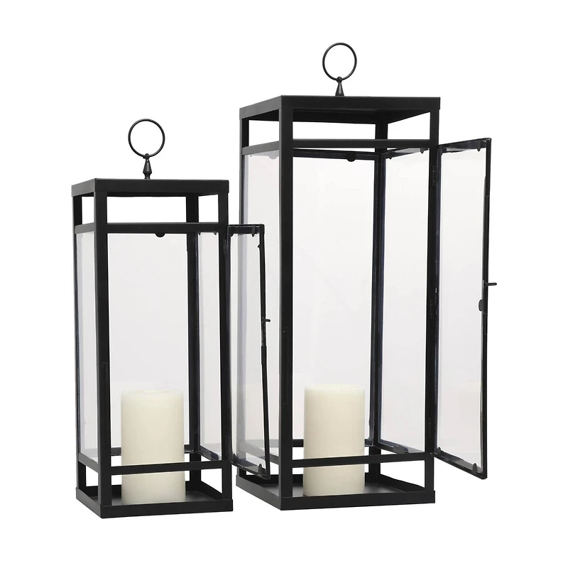 Black Minimalist Candle Lantern with Ring Handles Set