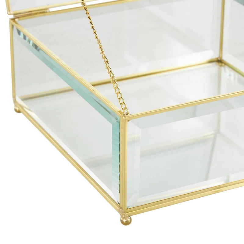 Clear & Gold Beveled Glass & Metal Square Footed Jewelry Box with Chain Accent Set