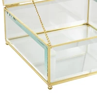 Clear & Gold Beveled Glass & Metal Square Footed Jewelry Box with Chain Accent Set