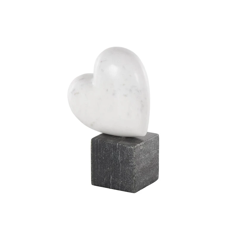 8.5" White & Black Marble Heart Slanted Sculpture with Block Base