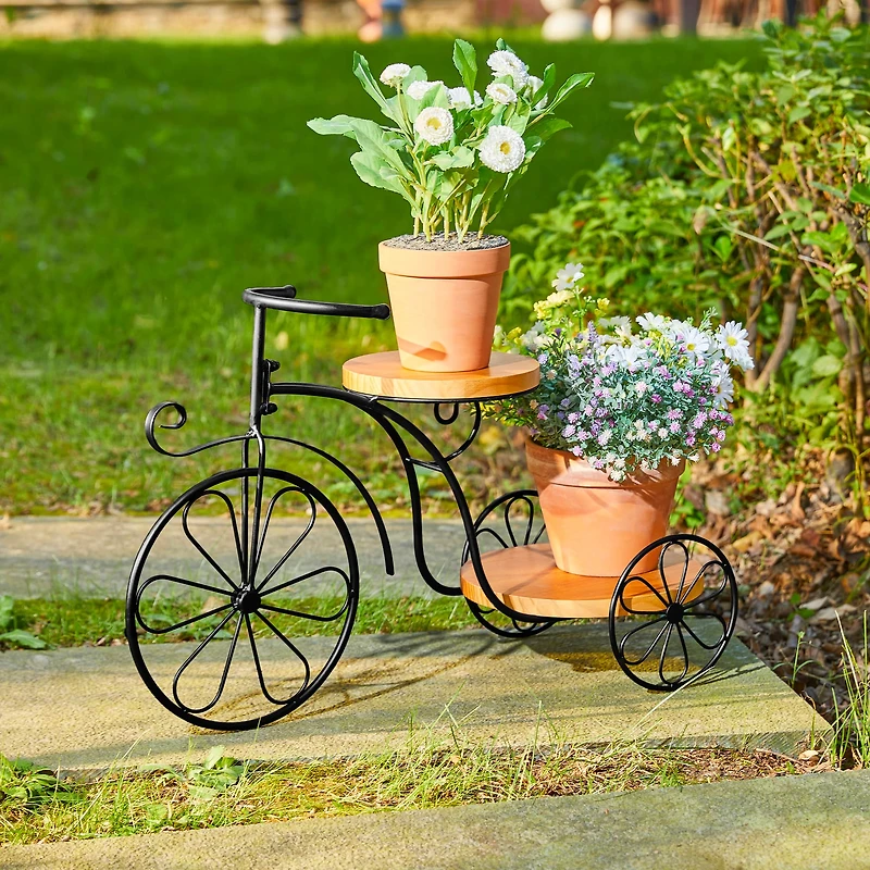 Glitzhome® 24" Black Metal Tricycle Planter Stand with Solid Wood Tray