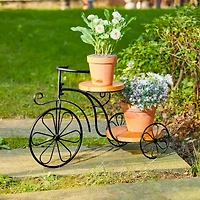 Glitzhome® 24" Black Metal Tricycle Planter Stand with Solid Wood Tray