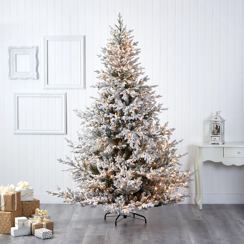8ft. Pre-Lit Flocked Fraser Fir Artificial Christmas Tree with Warm White LED Lights