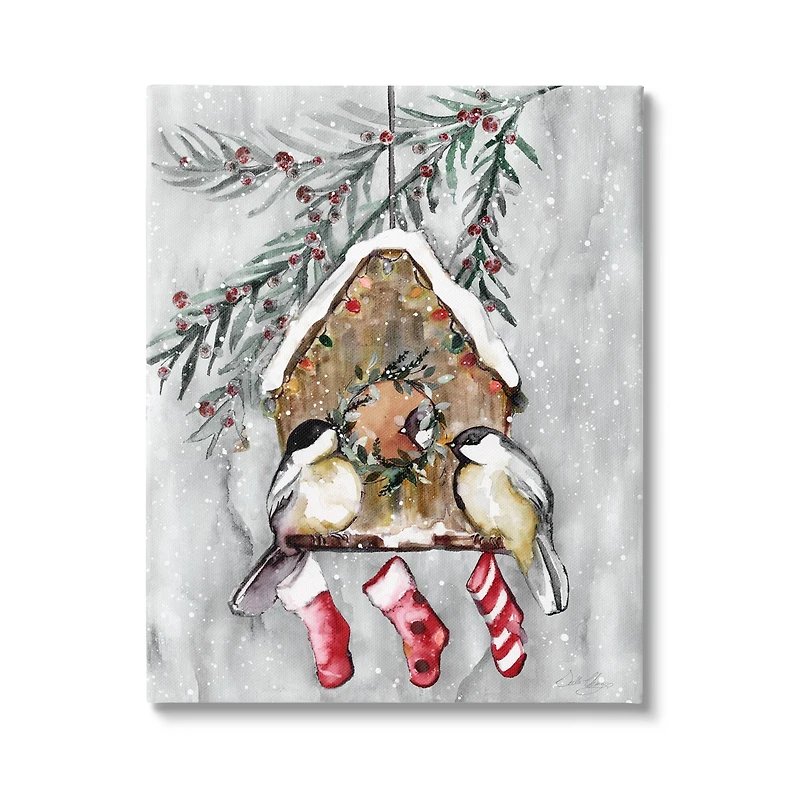 Stupell Industries Holiday Stockings Birdhouse Perched Canvas Wall Art