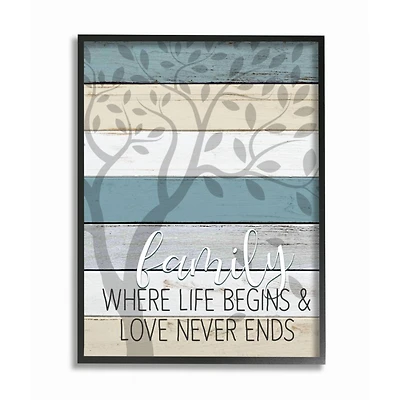 Stupell Industries Family Begin and End Quote Tree Wood Grain Blue Tan Phrase Framed Wall Art