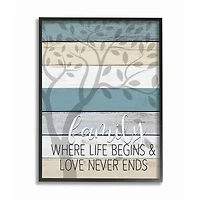 Stupell Industries Family Begin and End Quote Tree Wood Grain Blue Tan Phrase Framed Wall Art