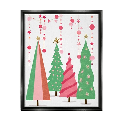Stupell Industries Pink & Green Christmas Trees Framed Floater Canvas Wall Art