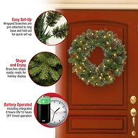 30" Crestwood® Spruce Wreath with Cones, Red Berries, Glitter & 70ct. Warm White Battery Operated LED Lights with Timer