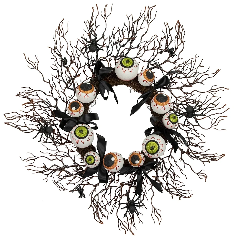 24'' Unlit Eyeballs and Spiders Halloween Twig Wreath