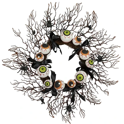 24'' Unlit Eyeballs and Spiders Halloween Twig Wreath