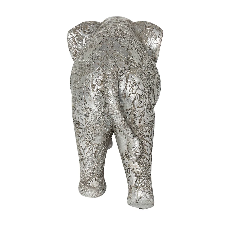 14" Silver Polystone Elephant Floral Engraved Sculpture