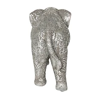14" Silver Polystone Elephant Floral Engraved Sculpture