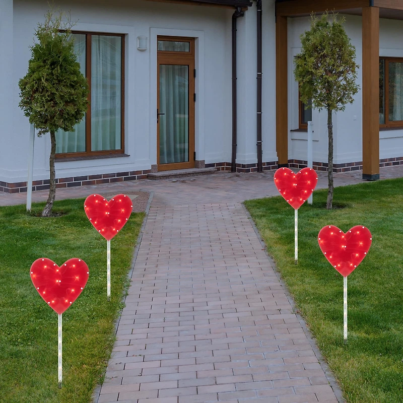 Red Heart Valentine's Day Pathway Marker Lawn Stakes With Clear Lights, 4ct.