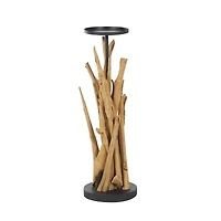 31" Brown Teak Wood Handmade Tall Tree Branch Floor Candle Holder with Black Metal Accents