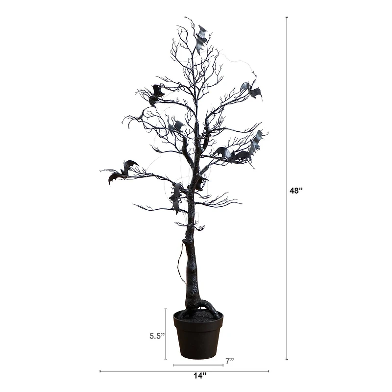 4ft. Pre-Lit Artificial Halloween Black Spooky Twig Tree with Bats and 120 Orange & Purple LED Lights
