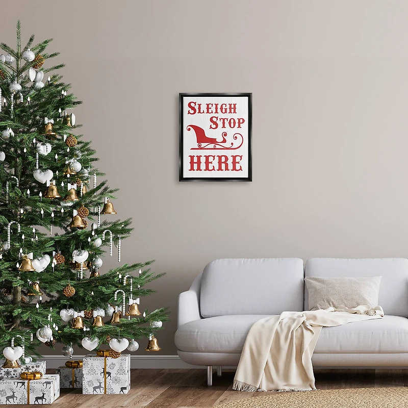Stupell Industries Sleigh Stop Here Christmas Landing Sign Framed Floater Canvas Wall Art